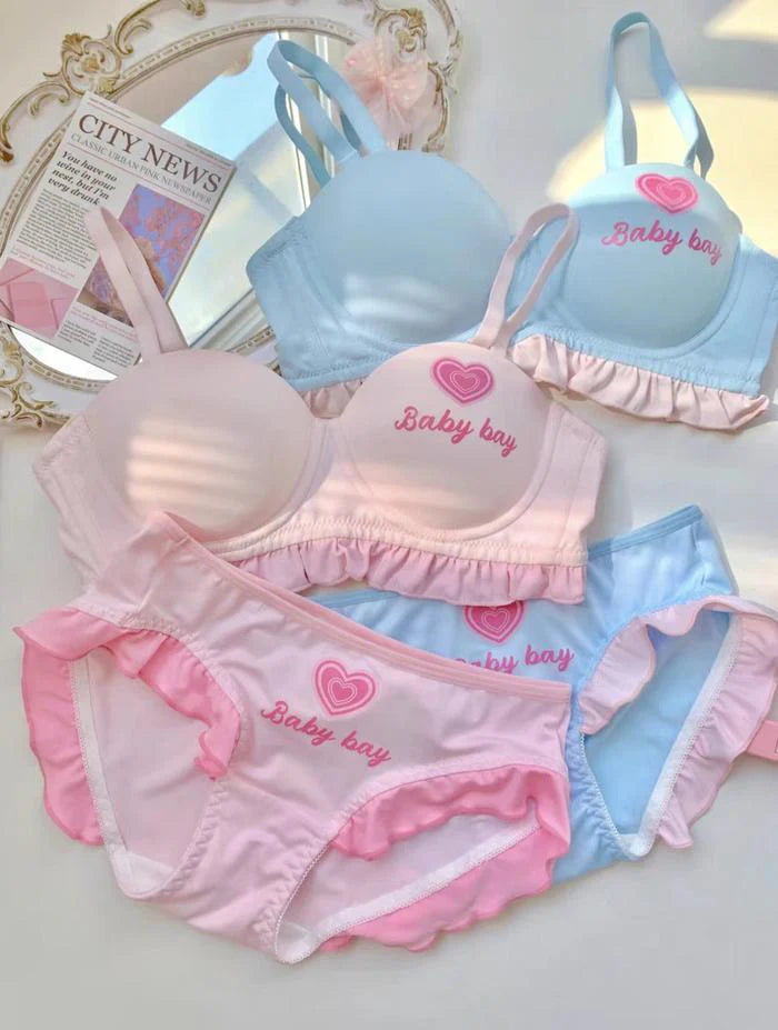 Pastel Ruffle Lace Bra & Panty Set – Soft Padded, Cute Printed, All-Day Comfort Lingerie