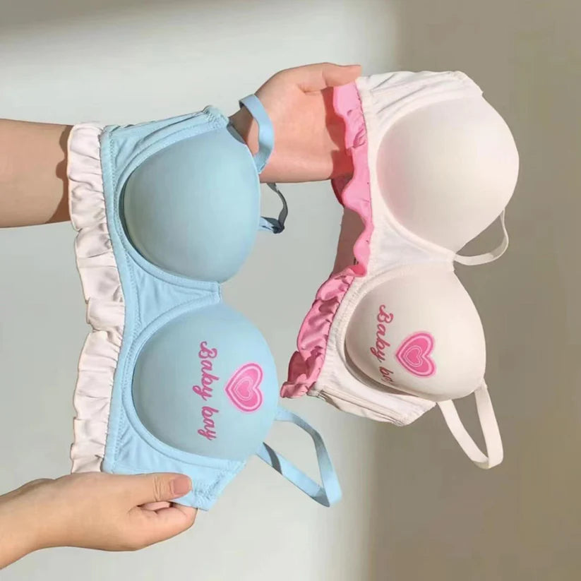 Pastel Ruffle Lace Bra & Panty Set – Soft Padded, Cute Printed, All-Day Comfort Lingerie