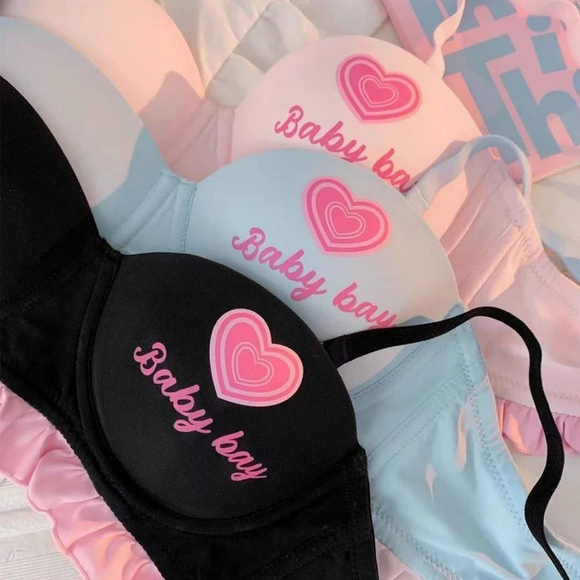 Pastel Ruffle Lace Bra & Panty Set – Soft Padded, Cute Printed, All-Day Comfort Lingerie