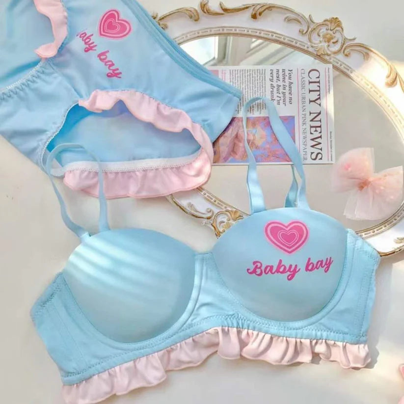 Pastel Ruffle Lace Bra & Panty Set – Soft Padded, Cute Printed, All-Day Comfort Lingerie