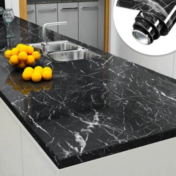 Self-Adhesive Marble Contact Paper – Black & White Kitchen Decor