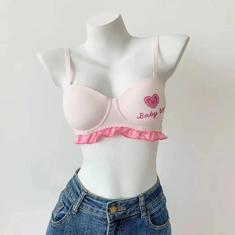 Pastel Ruffle Lace Bra & Panty Set – Soft Padded, Cute Printed, All-Day Comfort Lingerie