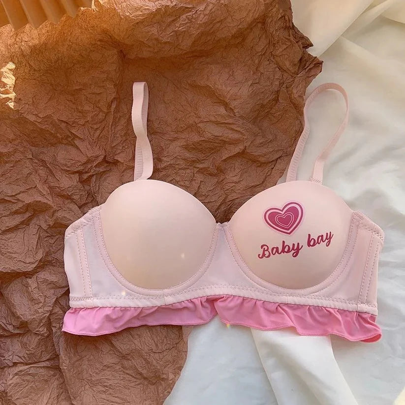 Pastel Ruffle Lace Bra & Panty Set – Soft Padded, Cute Printed, All-Day Comfort Lingerie