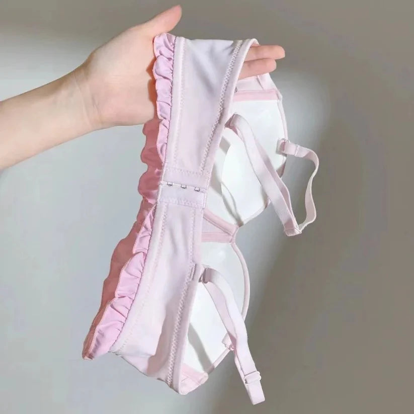 Pastel Ruffle Lace Bra & Panty Set – Soft Padded, Cute Printed, All-Day Comfort Lingerie
